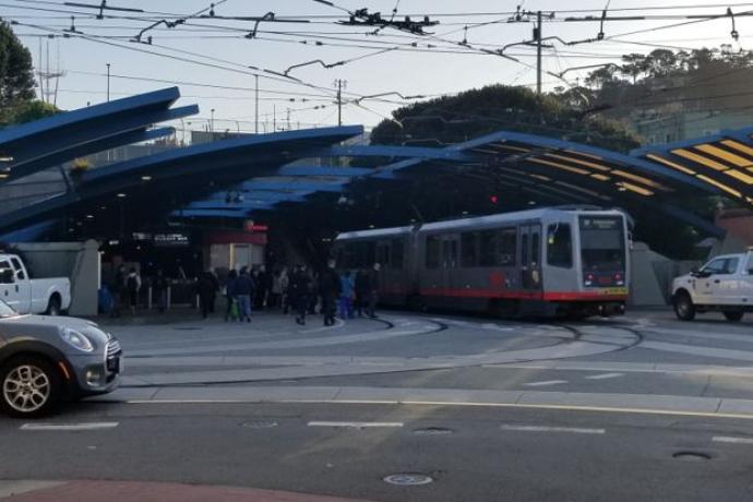 A busy morning for pedestrians, cars and trains at West Portal