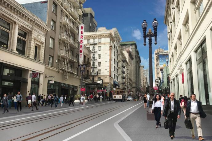 A rendering of the Powell streetscape conceptual design with wider sidewalks, expanded loading, and a refreshed streetscape.