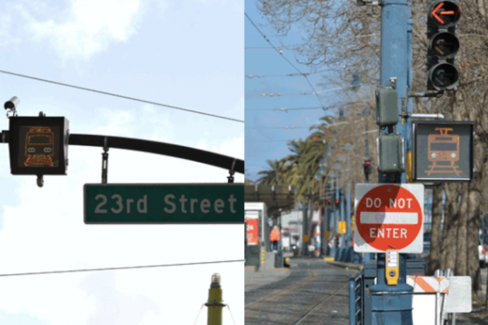 Left: traffic signal with train icon, attached to horizontal pole. Right: A traffic signal with train icon, attached to vertical