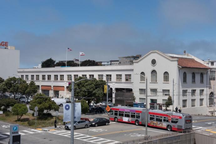wide shot of Presidio Bus Yard from across Geary 