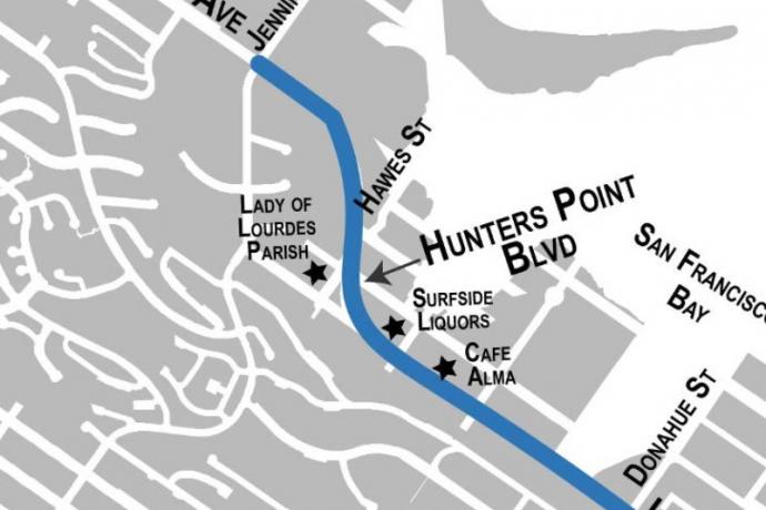 Map highlighting Evans Avenue, Hunters Point Boulevard and Innes Avenue in the Bayview