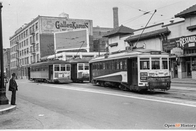 A photo from OpenSFHistory.org showing the 15, 16, and 29 Streetcars outside the Southern Pacific Railroad Depot in 1940, shortl