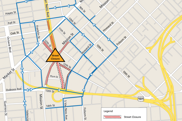 Map of Van Ness Avenue and Mission Street intersection showing detours and street closures