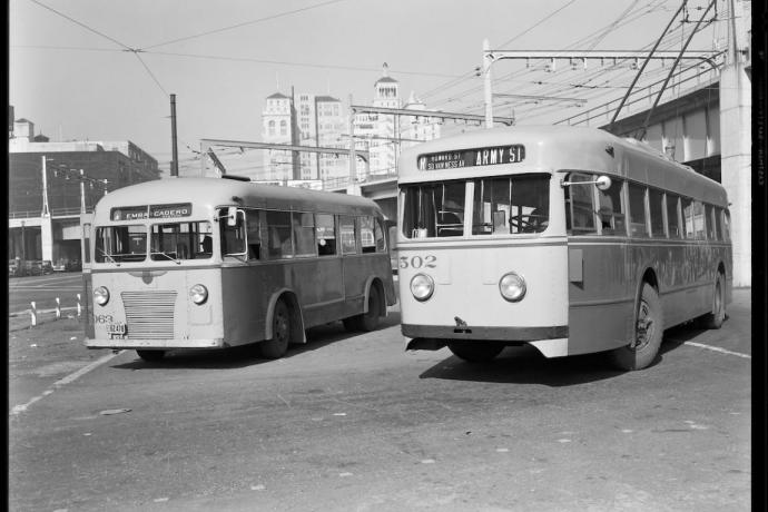 Two Muni buses lay over at the “Bridge Terminal” at Beale and Howard Streets in this November 1941 photograph