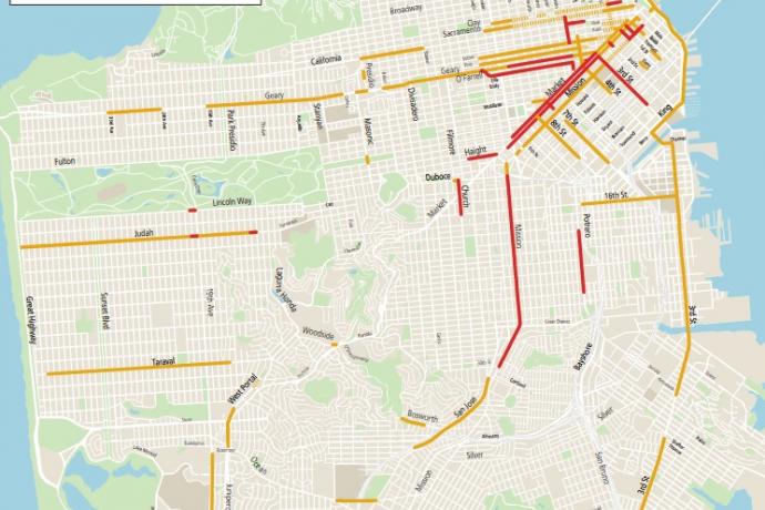Map showing transit lanes in San Francisco