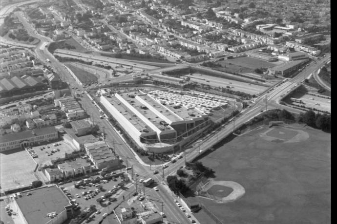 November 1979 aerial shot looking southwest near San Jose and Ocean Avenues shows a newly completed Muni Metro Center and s