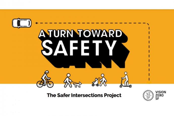 Image from Vision Zero SF entitled “A Turn Toward Safety” with images of a person on a bicycle, a person walking a dog, a person