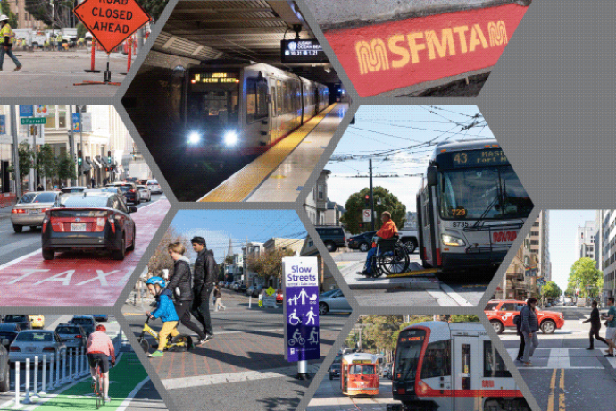 Collage of images depicting SFMTA transportation services