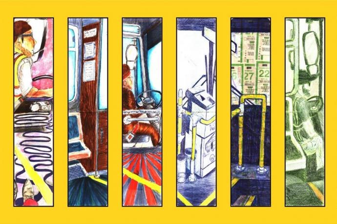 Yellow Line Art showing a panel collage in a tribute to Muni operators