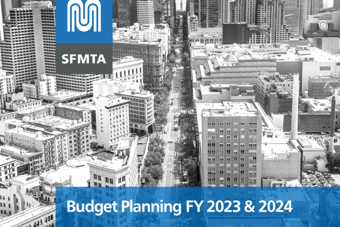 Photo of San Francisco downtown with text Budget Planning Fiscal Year 2023 and 2024