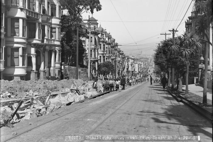 Laborers dig cable car “yokes” out of the street on McAllister between Scott and Pierce streets. 