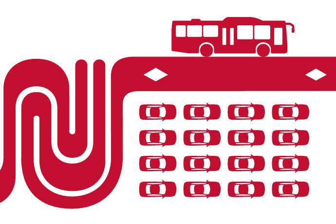 Graphic of the Muni logo that becomes a red lane for a muni bus to pass cars stuck in traffic