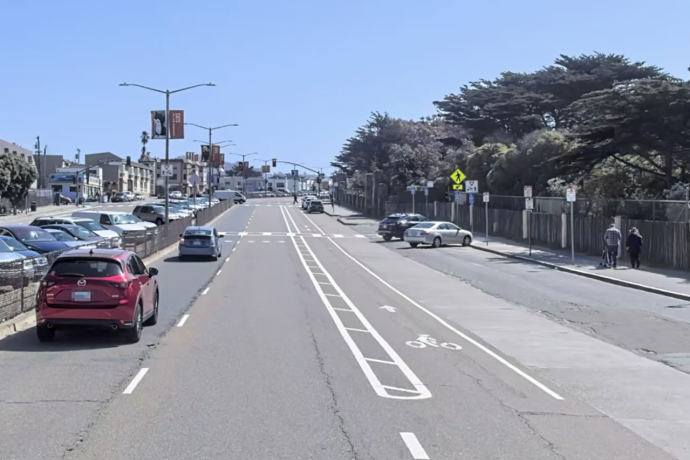 Image of Sloat Boulevard at 47th Avenue looking east with people driving and walking