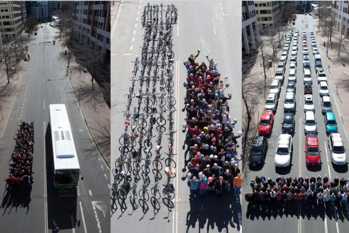 Side-by-side photos of people on a bus, on bikes and in cars; showing a lot more space on road when people use bikes or buses.