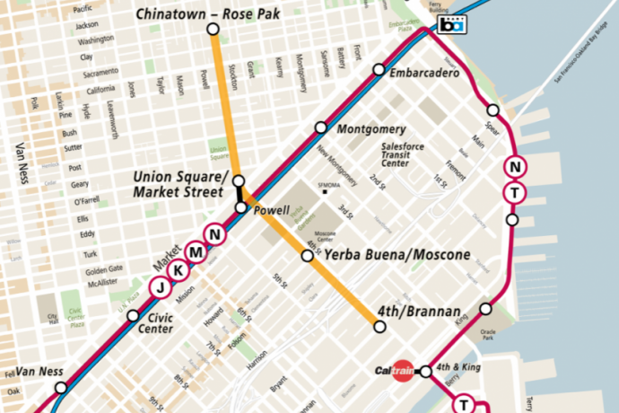 Map of existing Muni Metro system's J, K, L Bus, M, N and T lines with the new Central Subway connecting at Powell Station.