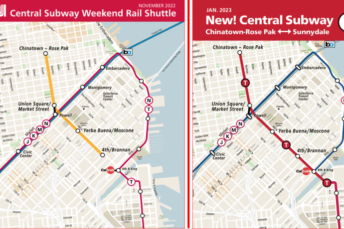 Side by side maps comparing what riders can expect from now until January 7 for the Muni Metro system and the T Third Line. 