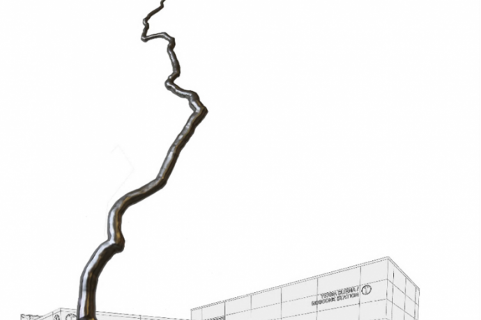 Rendered image of an art node piece in front of a building with a person in the foreground