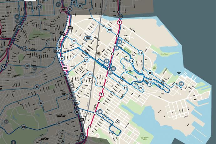 A transit map that is darkened on the left then highlighted on the right
