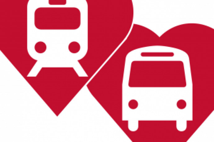 Two red hearts each with a bus and train image in white. One heart is positioned higher next to the other heart.  