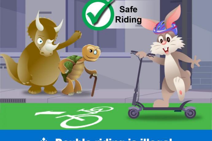 Several animated animals smiling. A rabbit is wearing a helmet on a scooter. A rhinoceros and elderly turtle are waving.