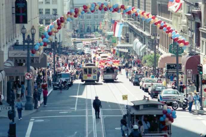 Cable Car Parade for 100th Anniversary of Powell Street Cable Cars Looking Down Powell Street Towards Sutter Street | 03.28.1988