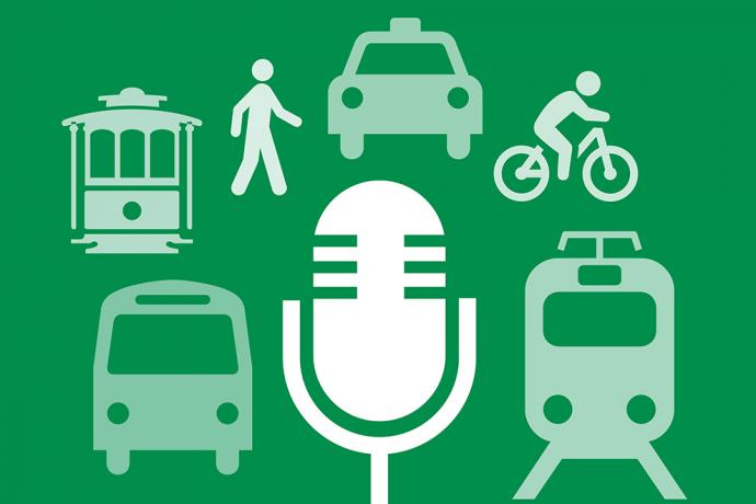 Graphic of a microphone with various elements of transportation around it making up the new Podcast logo
