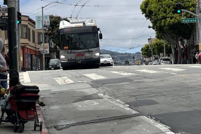 Bus 49 Van Ness arrives at Mission and Highland stop 