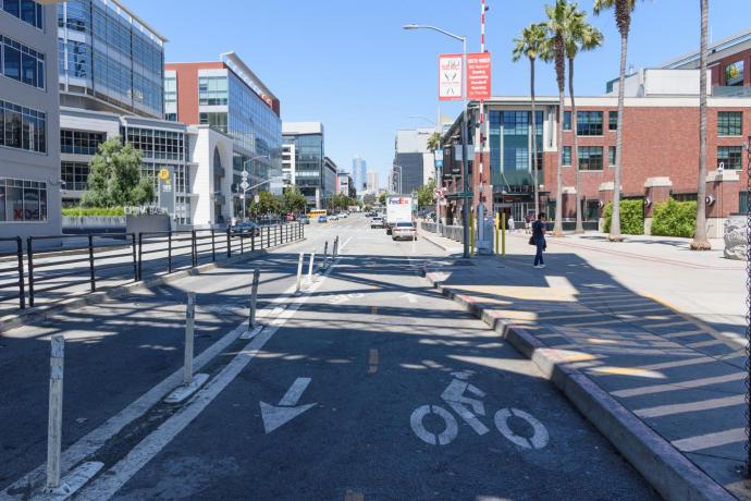 Two-way protected bike lane on 3rd street looking towards King street