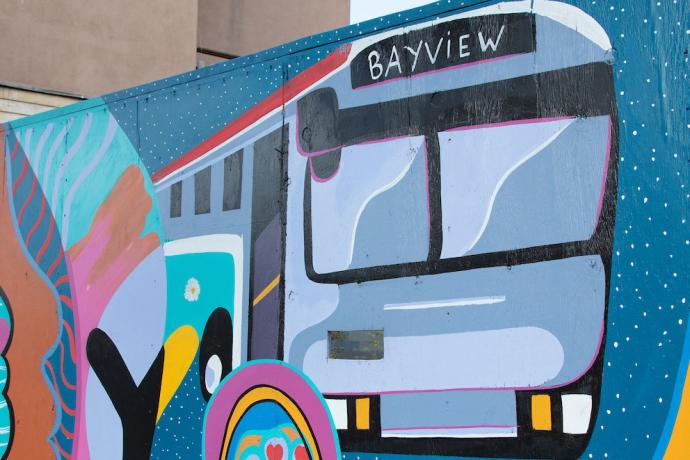 A wall mural of a bus that says Bayview on it.