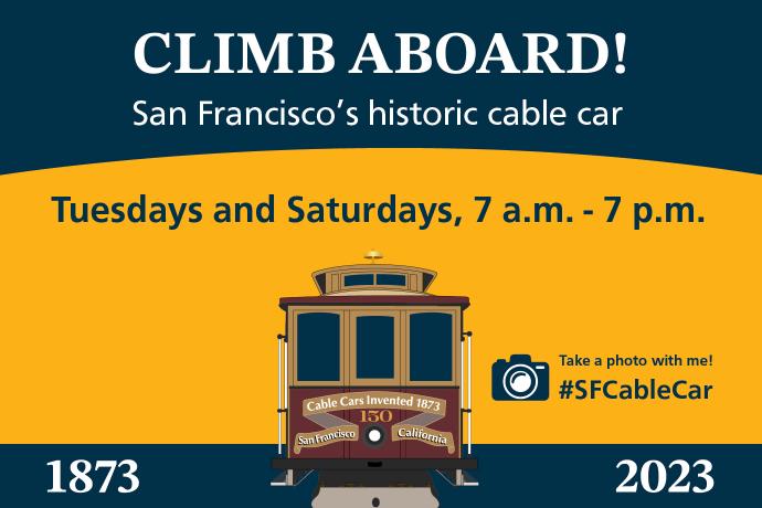 A blue and yellow graphic banner that says "Climb Aboard!" with an illustration of a cable car below.