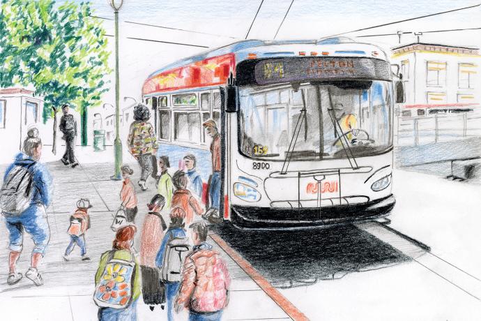 An illustration of people boarding a Muni bus from the sidewalk in San Francisco.