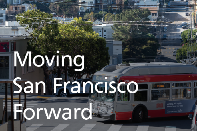 A San Francisco neighborhood with trees and houses lining the streets and a bus making a turn.