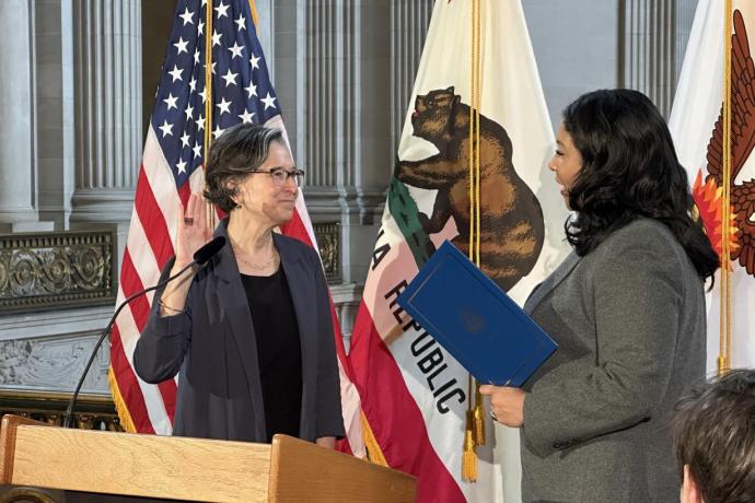 New SFMTA Board Director Janet Tarlov participates in a nomination ceremony with San Francisco Mayor London Breed. 