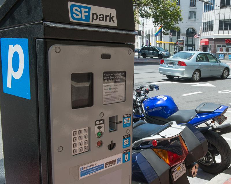 SFPark meter at motorcycle parking area