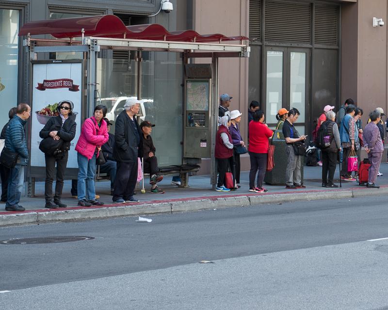 large group of people waiting for bus at bus stop