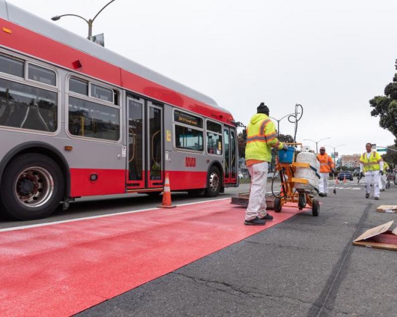 Red lanes going in next to a 38 Geary