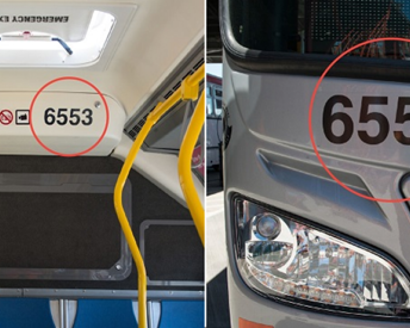 Showing the location of the vehicle number inside and outside a bus