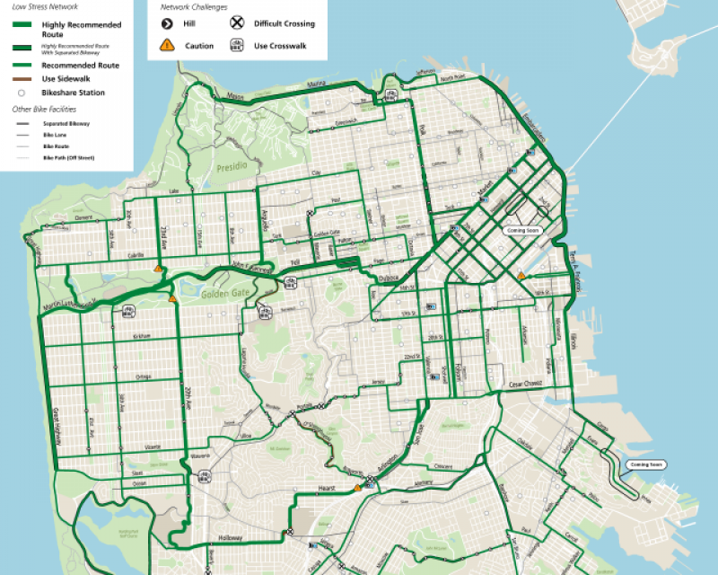 Map of SFMTA's recommended bike routes and bike network 