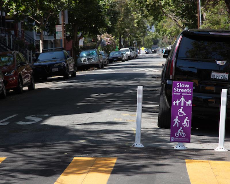 Shady street with slow street signage and soft-hit posts