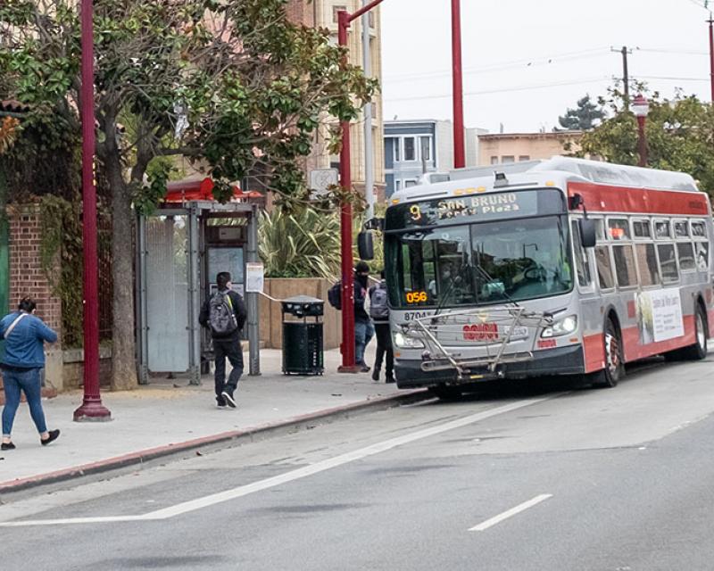 9 San Bruno Bus Picking up Passengers Outside San Francisco General Hospital, October 7, 2020
