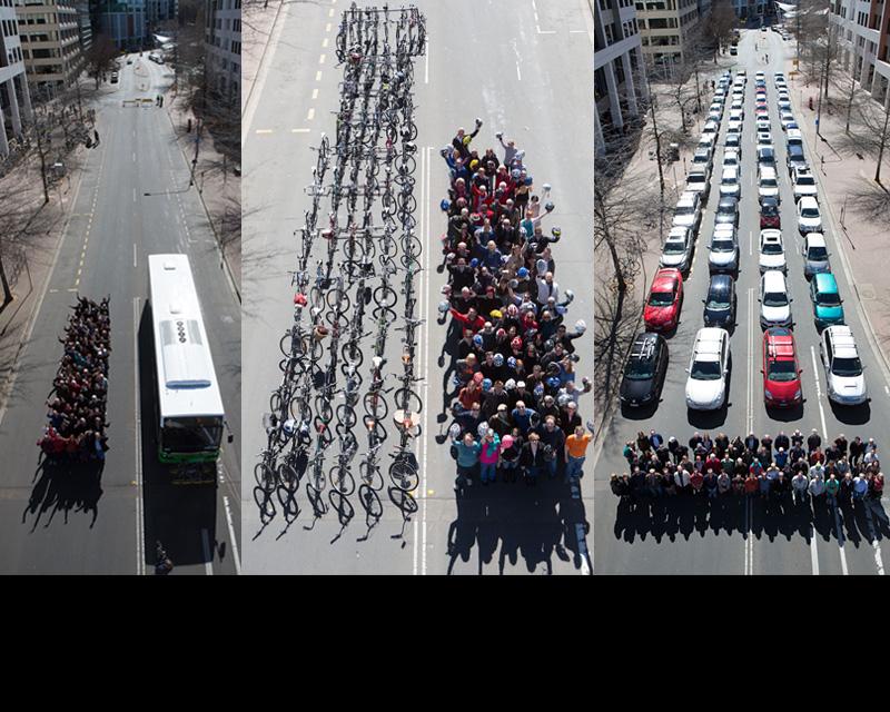 Side-by-side photos of people on a bus, on bikes and in cars; showing a lot more space on road when people use bikes or buses.