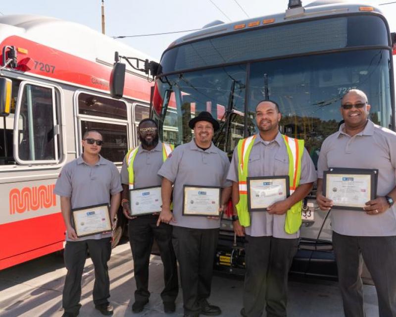 Potrero Division Systemwide Operator of the Month Awardees with Trolley Coaches in Yard | October 25, 2019