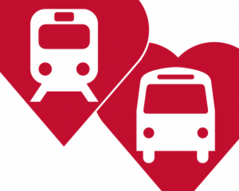 Two red hearts each with a bus and train image in white. One heart is positioned higher next to the other heart.  