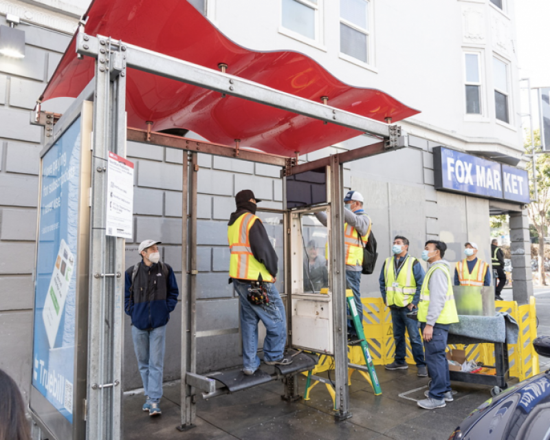 Installation of First New Muni Arrival Prediction Signage in Bus Stop | March 2, 2020