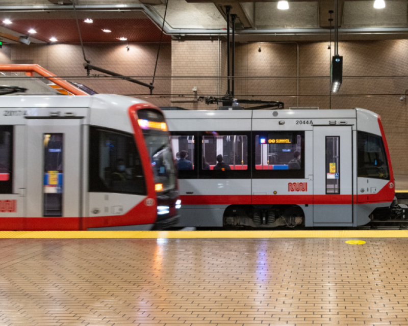 Metro trains pass in the subway