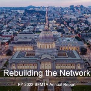 Cover image of the Annual report of the city skyline focus on City Hall with the sunset to the West behind.