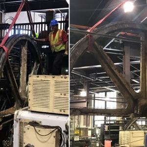 Photos of mechanics deconstructing a large, wheel-shaped sheave in the cable car barn and powerhouse.