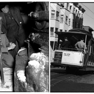 Friedel Klussmann with men in cavern next to gears beneath cable car turntable. Cable car with riders heads downhill.