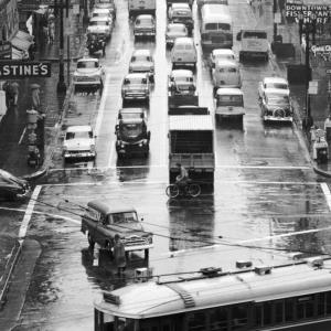 Overhead view of traffic on Kearny Street looking north from south side of Market Street in 1958.