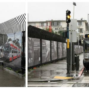 Two photos of the fence outside Kirkland bus yard on Powell at Beach Street.